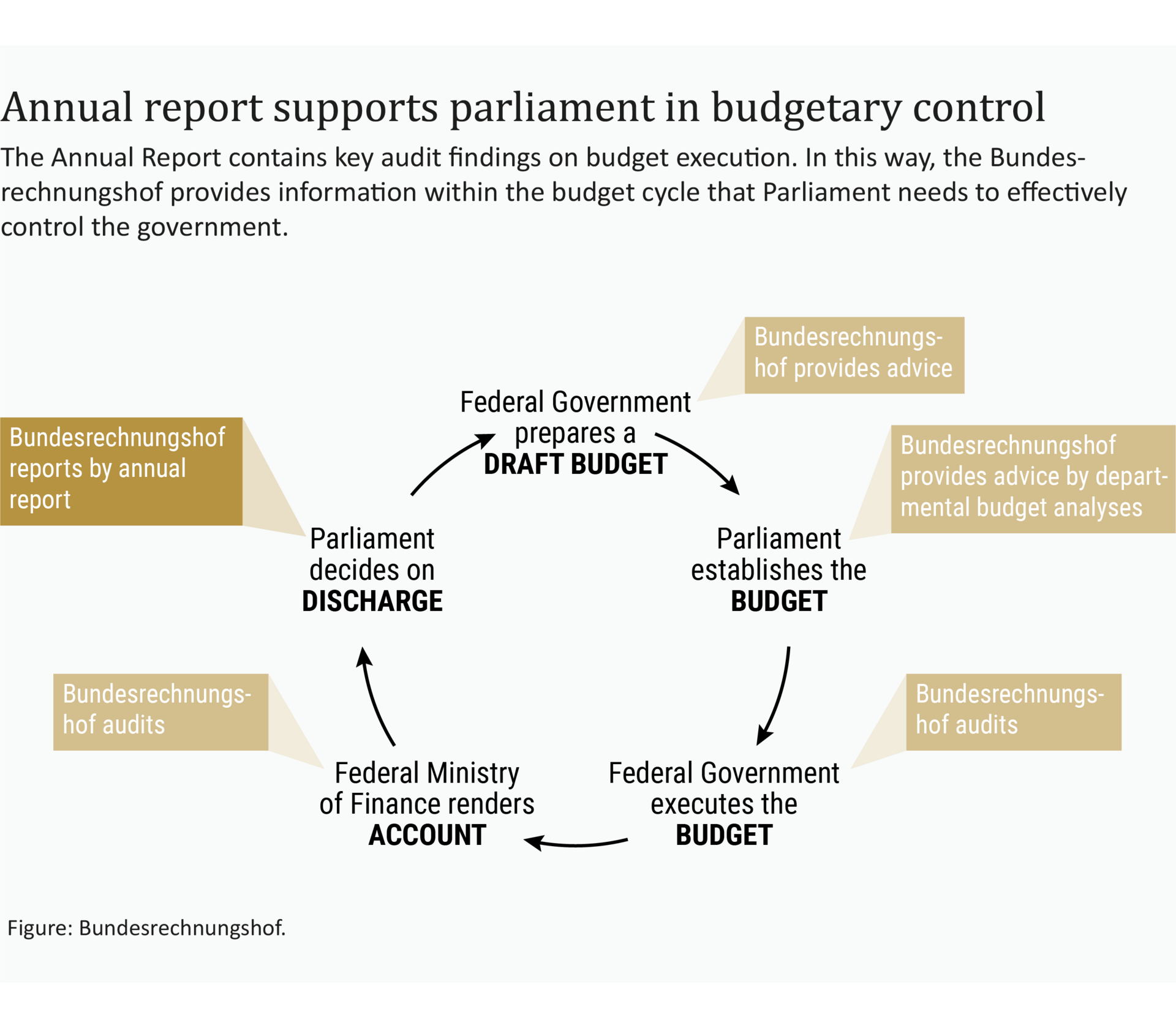Infografik zur Rolle der Bemerkungen im Haushaltskreislauf EN This infographic describes the function of the annual report in the budget cycle.
