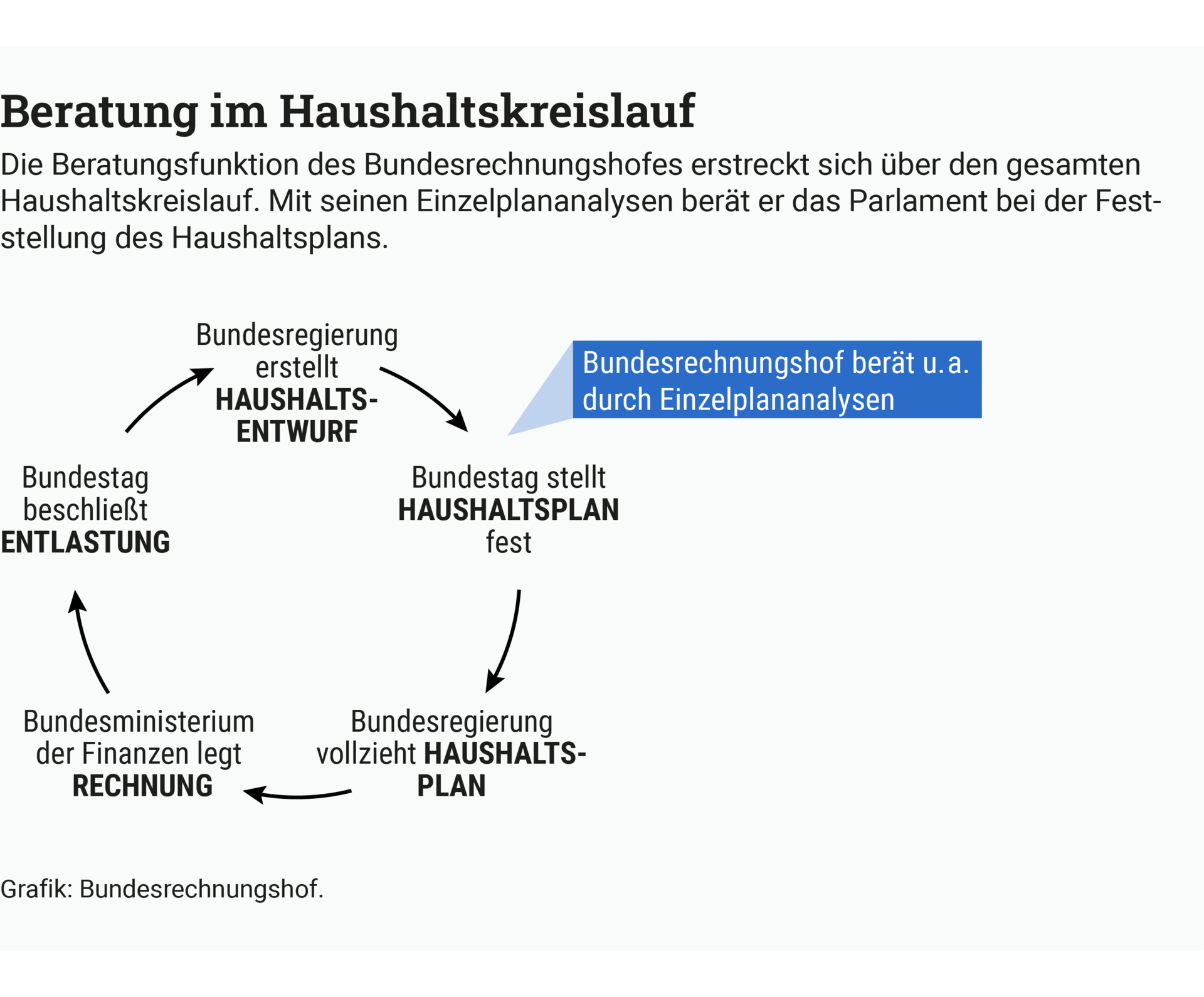 Die Infografik beschreibt die Aufgaben des Bundesrechnungshofes, die Haushalts- und Wirtschaftsf&uuml;hrung des Bundes zu pr&uuml;fen und die Bundesregierung zu beraten., und zeigt auf, an welcher Stelle die Einzelplananalysen einwirken.