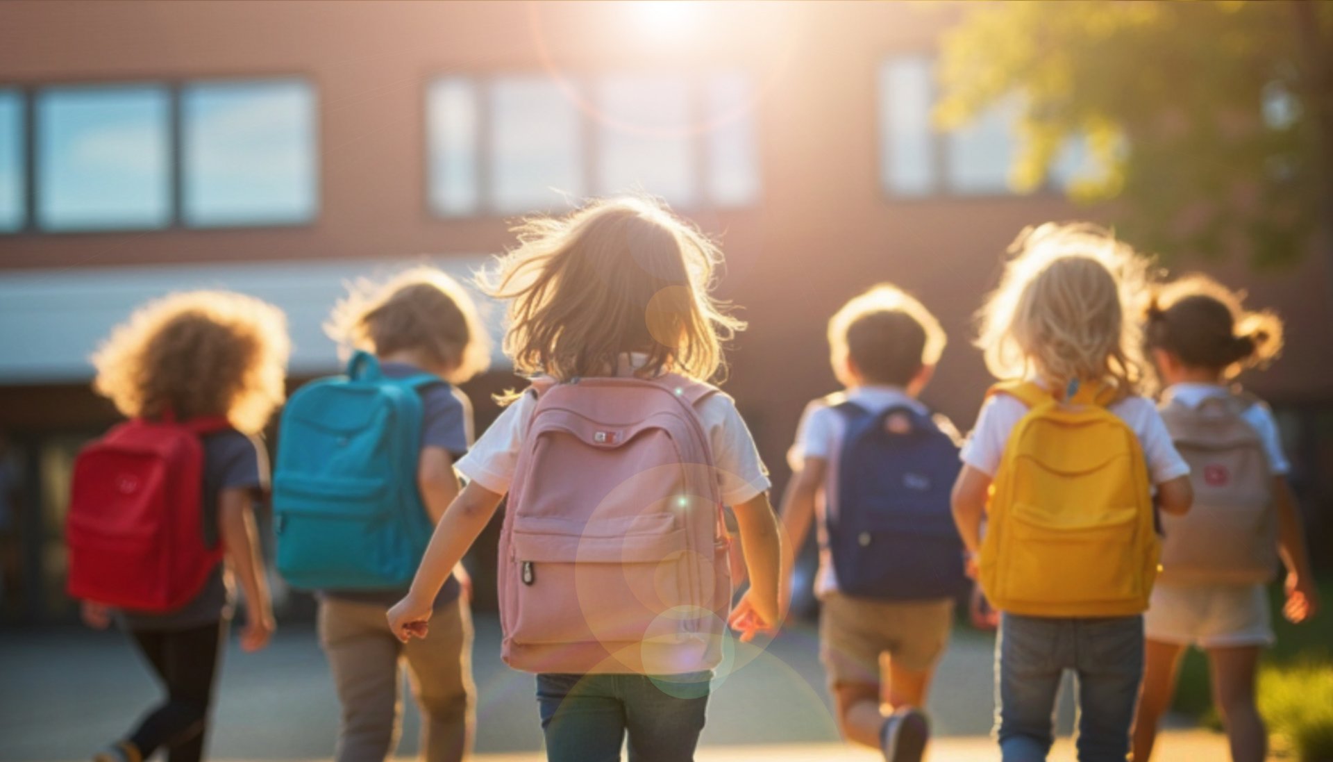 Das Bild zeigte mehrere Kinder mit Rucks&auml;cken von hinten, die auf eine Bildungseinrichtung zu laufen