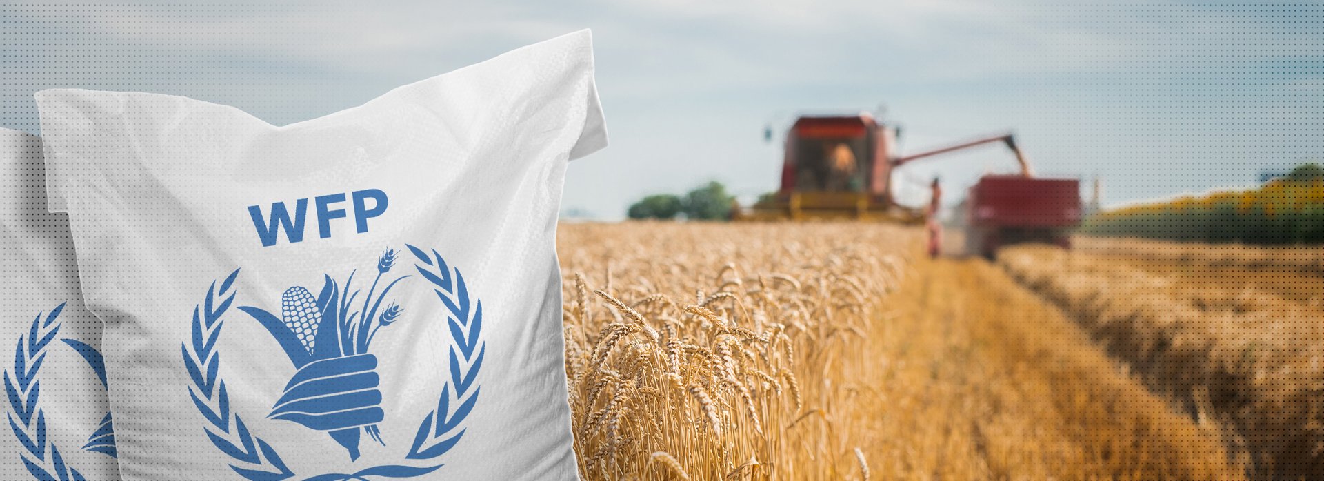 Dieses Bild zeigt das Logo des Weltern&auml;hrungsprogramms vor dem Hintergrund einer landwirtschaftlichen Kulisse. Es ist ein Traktor bei der Feldarbeit zu sehen. Montage: Bundesrechnungshof