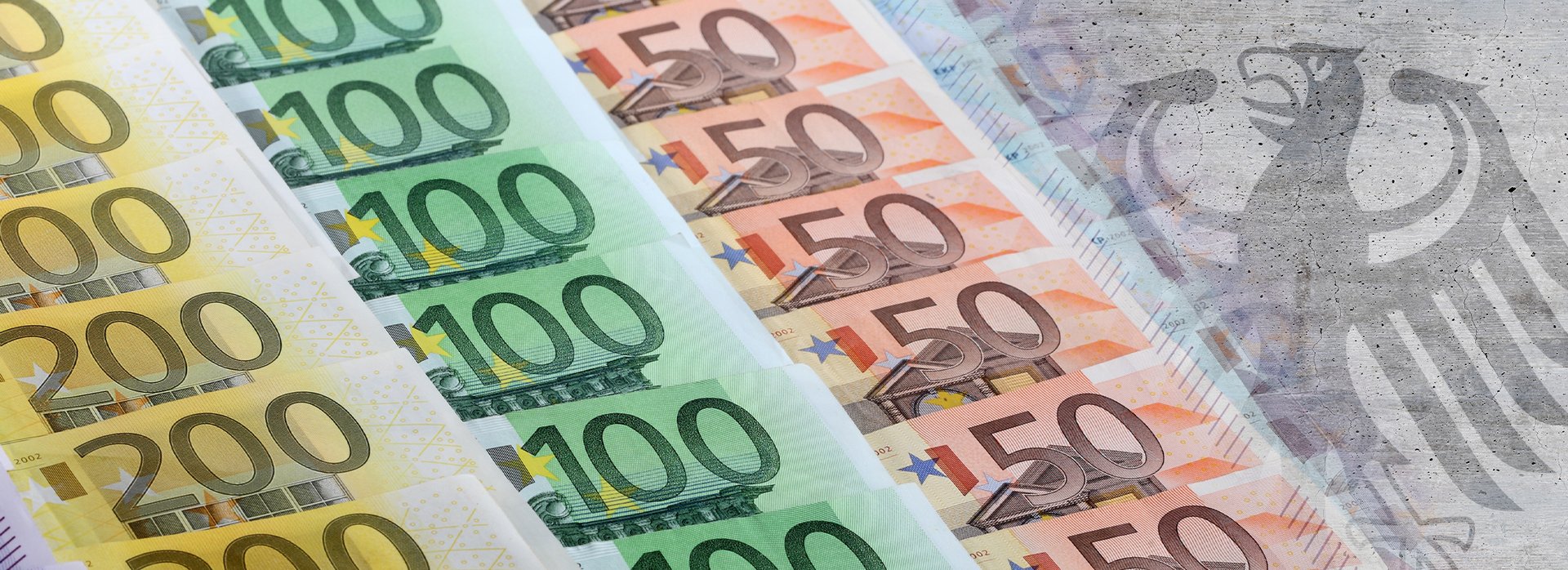 Gestapelte Banknoten verschiedener Euroscheine vor Bundesadler auf grauem Grund.