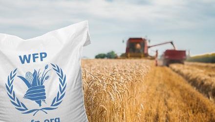 Dieses Bild zeigt das Logo des Weltern&auml;hrungsprogramms vor dem Hintergrund einer landwirtschaftlichen Kulisse. Es ist ein Traktor bei der Feldarbeit zu sehen. Montage: Bundesrechnungshof