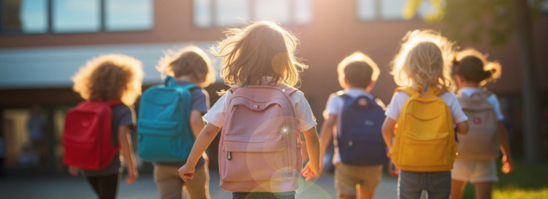 Das Bild zeigte mehrere Kinder mit Rucks&auml;cken von hinten, die auf eine Bildungseinrichtung zu laufen