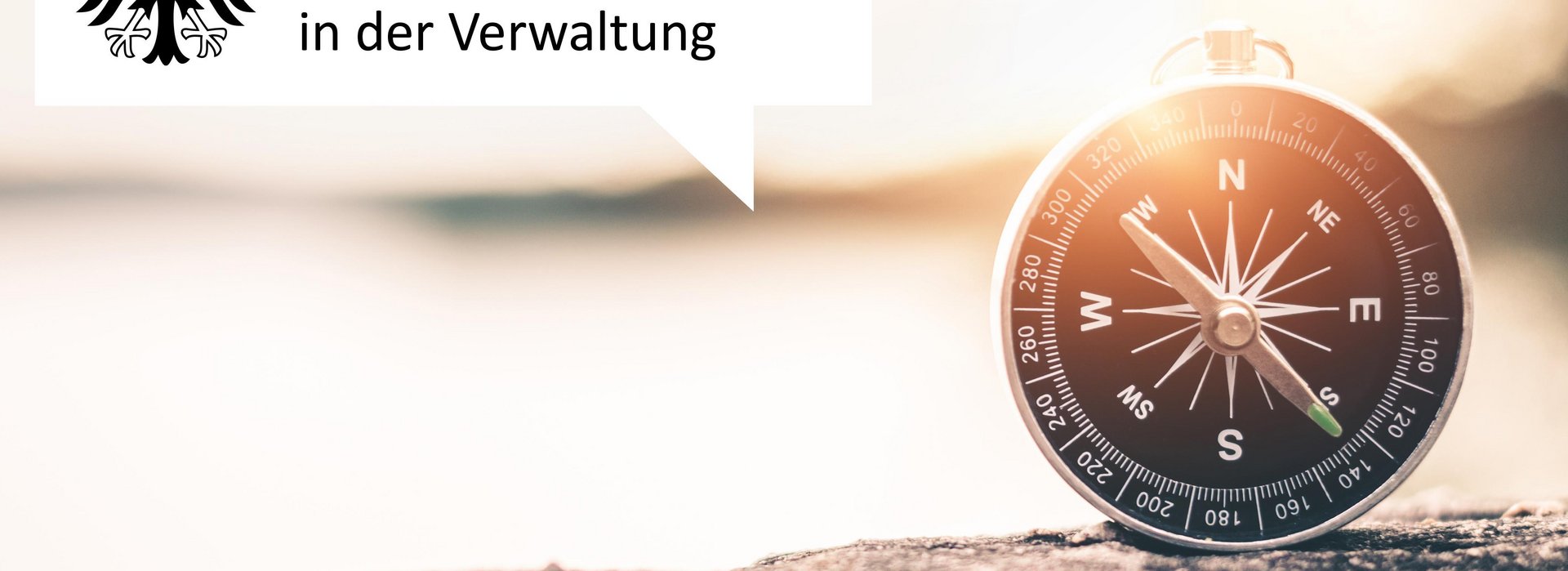 Links ist der Schriftzug des Bundesbeauftragten f&uuml;r Wirtschaftlichkeit in der Verwaltung. Rechts ein Kompass stehend auf einer Steinoberfl&auml;che mit Sonnenschein im Hintergrund.