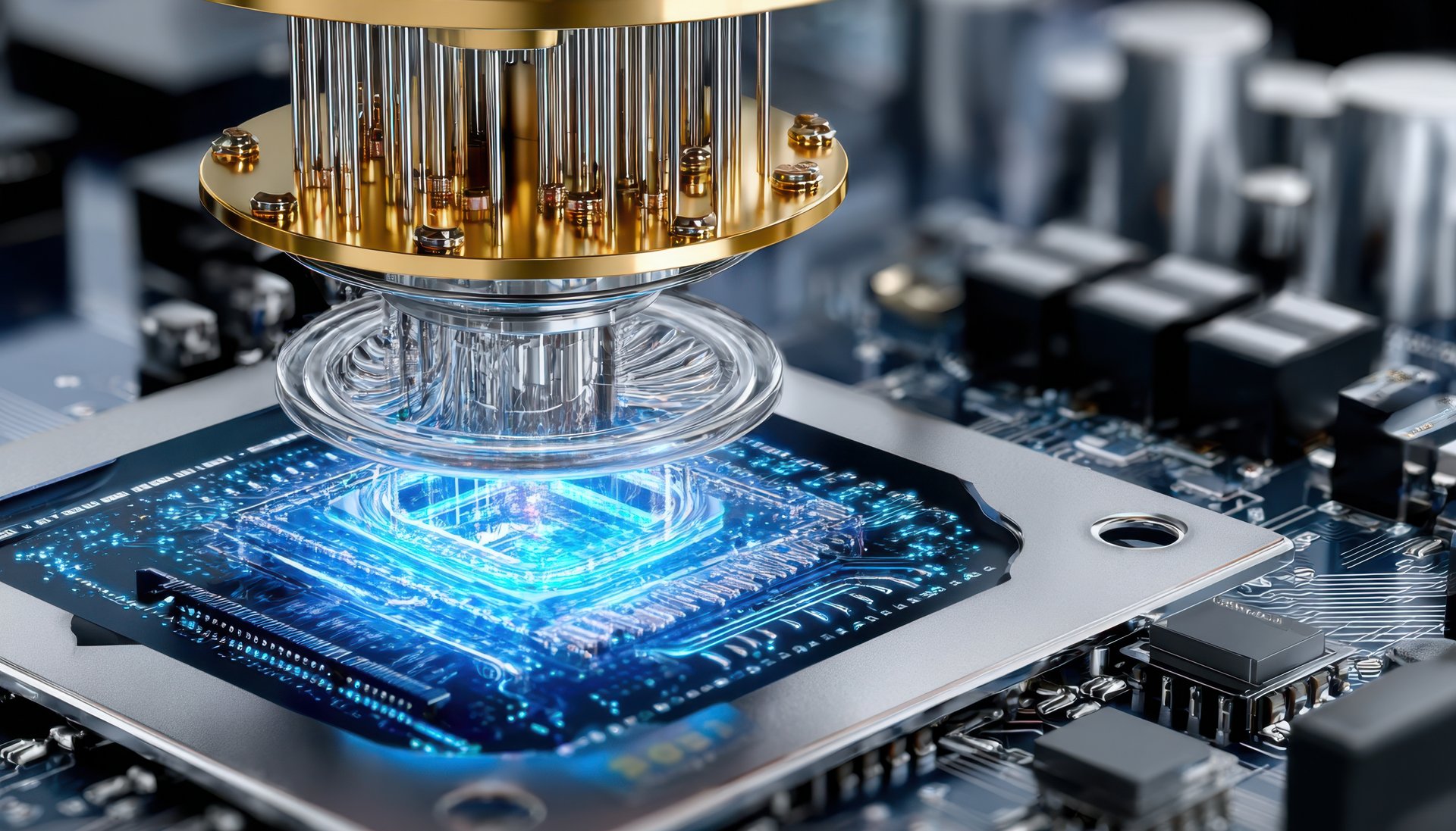 Innovative Quantencomputer-Technologie, pr&auml;sentiert in einer Nahaufnahme eines hochentwickelten Mikroprozessors