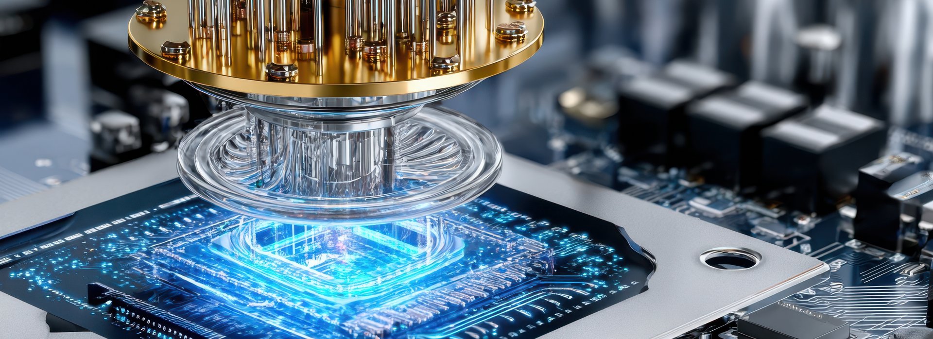 Innovative Quantencomputer-Technologie, pr&auml;sentiert in einer Nahaufnahme eines hochentwickelten Mikroprozessors