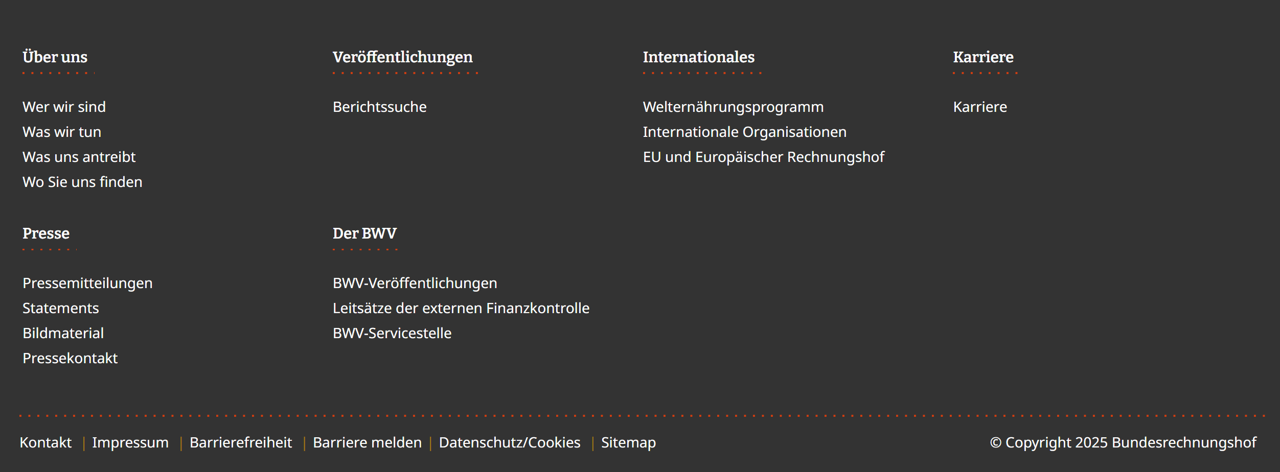 Der untere Bereich der Webseite des Bundesrechnungshofes